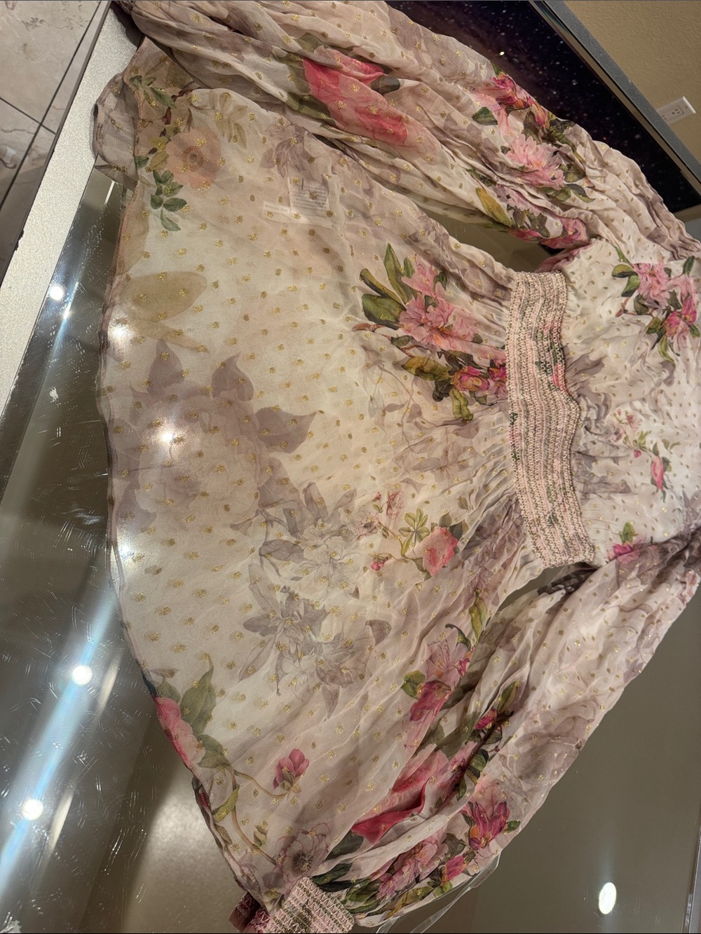Rococo Sand Sheer Floral Deep V Ruffle Top - Picture 8 of 9